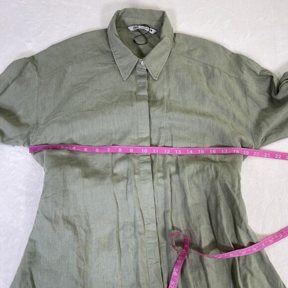 Zara Tunic Top Womens Size Lg Green Linen Blend Belted Tie Back Button Front - Picture 7 of 12